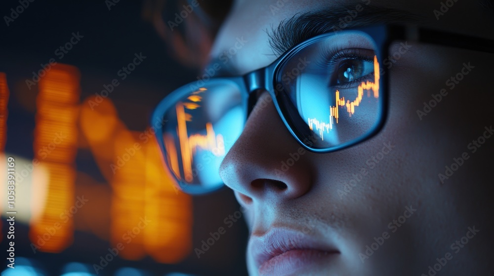 A young businessman trader wearing glasses looking at the computer screen A young businessman trader wearing glasses looking at the computer screen