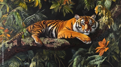 A majestic tiger rests on a tree branch in a lush green jungle.