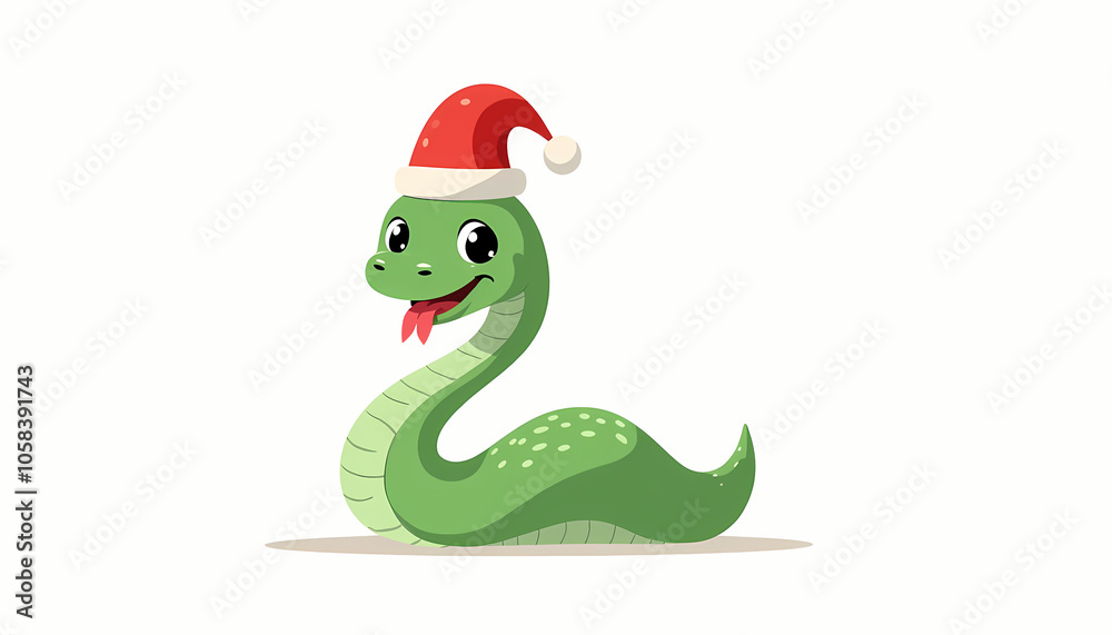 Fototapeta premium Illustration of a Christmas and New Year’s snake wearing a Santa hat on a white background, perfect for festive themes.