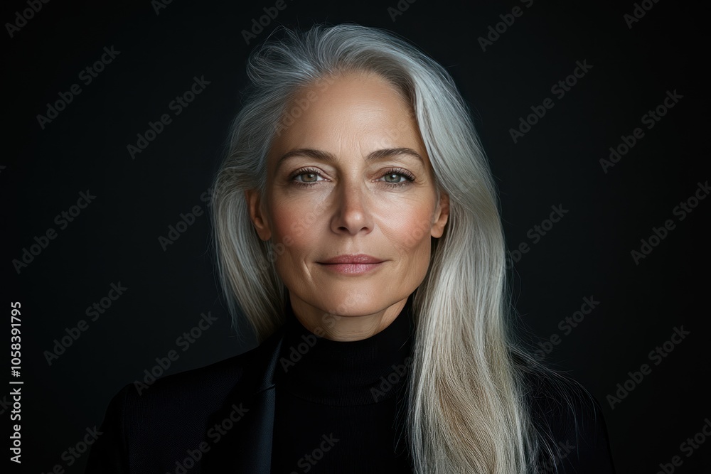 Stylish Middle-Aged Woman Smiling for Studio Portrait on Grey Background