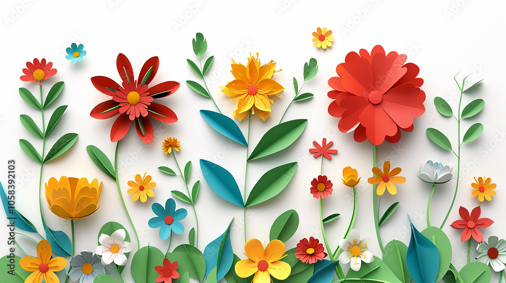 Fototapeta premium colorful paper art summer flowers on white background
