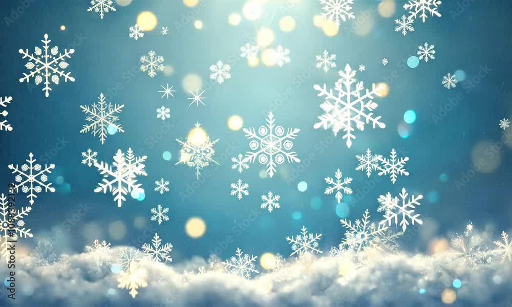 White snowflakes and golden bokeh lights on a blue background. White snowflakes and golden bokeh lights on a blue background.