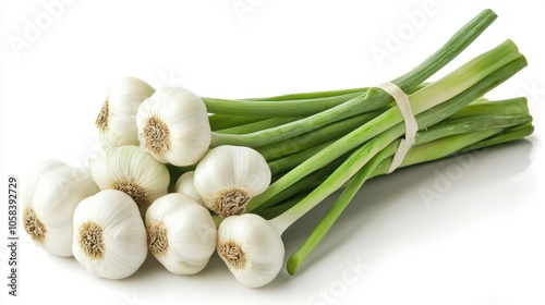 Fresh green garlic isolated on white background