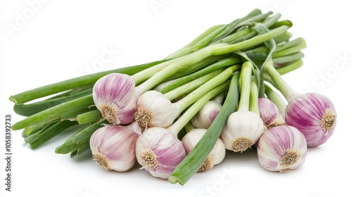Fresh green garlic isolated on white background