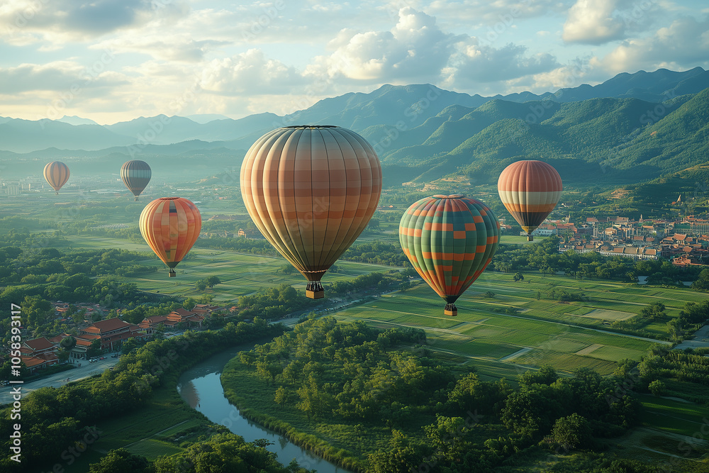Fototapeta premium Colorful hot air balloons flying over the landscape at sunset. Cappadocia in Turkey
