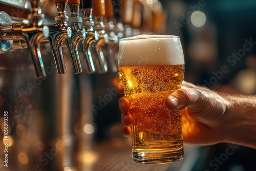 hand of the bartender pouring a large lager beer on tap. Close-up of male hands Pouring beer