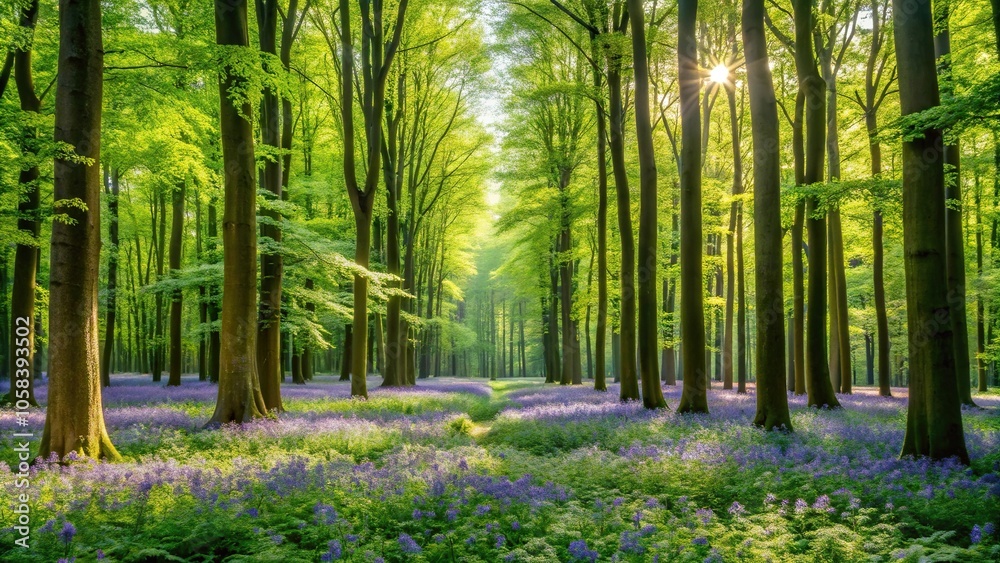 A lush green forest with tall trees and a carpet of wildflowers, undergrowth, leaves, wilderness, landscape, nature
