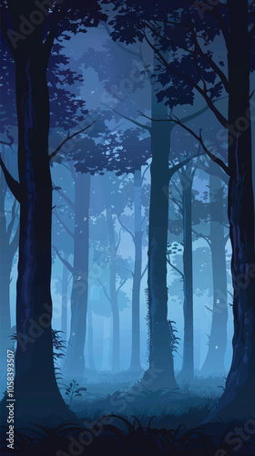 A foggy forest at dawn. silhouette illustration