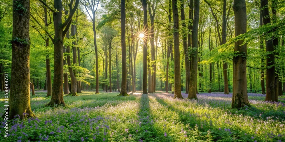 Obraz premium A lush green forest with tall trees and a carpet of wildflowers surrounding them, wildflowers, forest, flora, garden