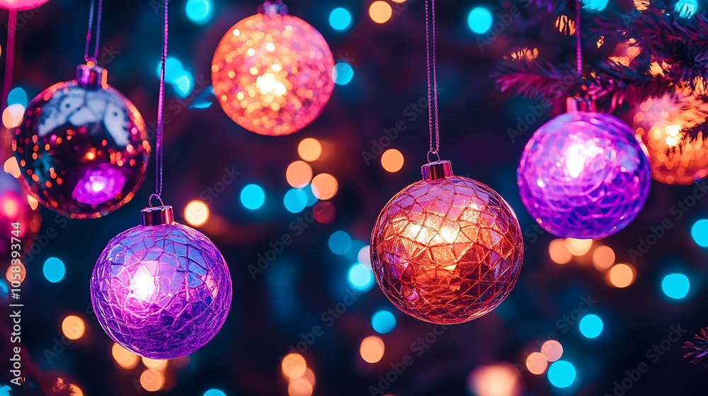 Christmas Ornaments Hanging on a Tree with Bokeh Lights Smooth Blue Background with Copy Space for Advertisements Christmas Ornaments Hanging on a Tree with Bokeh Lights Smooth Blue Background with Copy Space for Advertisements