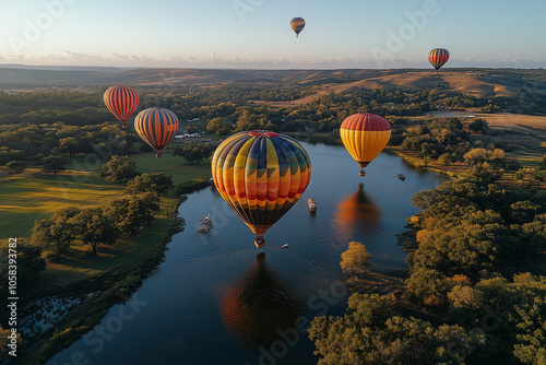 Colorful hot air balloons flying over the landscape at sunset. Cappadocia in Turkey