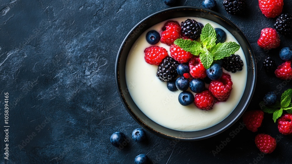 Fresh Berries with Cream in a Dark Setting Fresh Berries with Cream in a Dark Setting