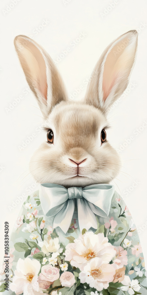 Obraz premium Charming rabbit in floral attire with pastel bow and woodland backdrop