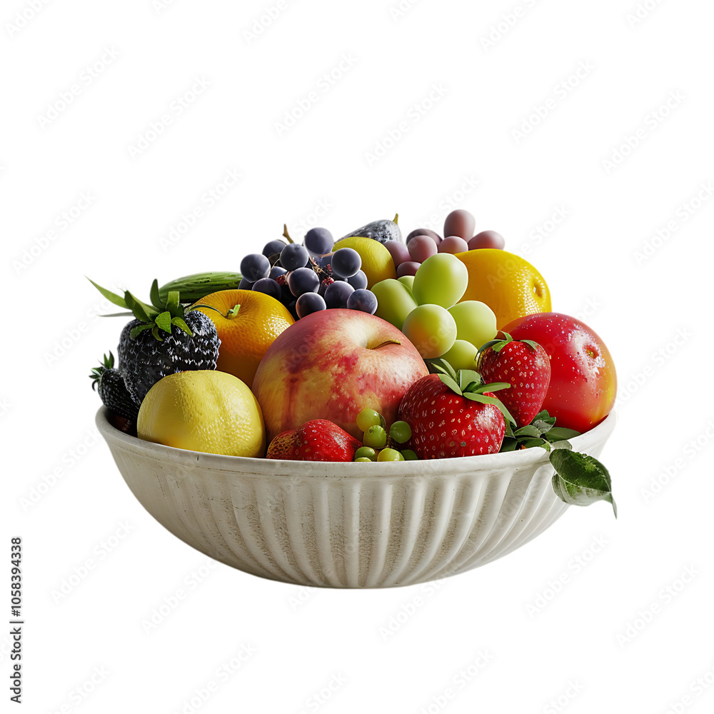 A white bowl overflowing with fresh fruits like apples, grapes, strawberries, and peaches. A white bowl overflowing with fresh fruits like apples, grapes, strawberries, and peaches.