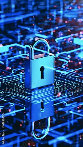 A digital padlock on a circuit board, symbolizing cybersecurity and data protection.