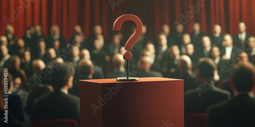 A question mark placed on a stage with a blurred audience in the background, symbolizing curiosity, mystery, and unanswered questions. photo