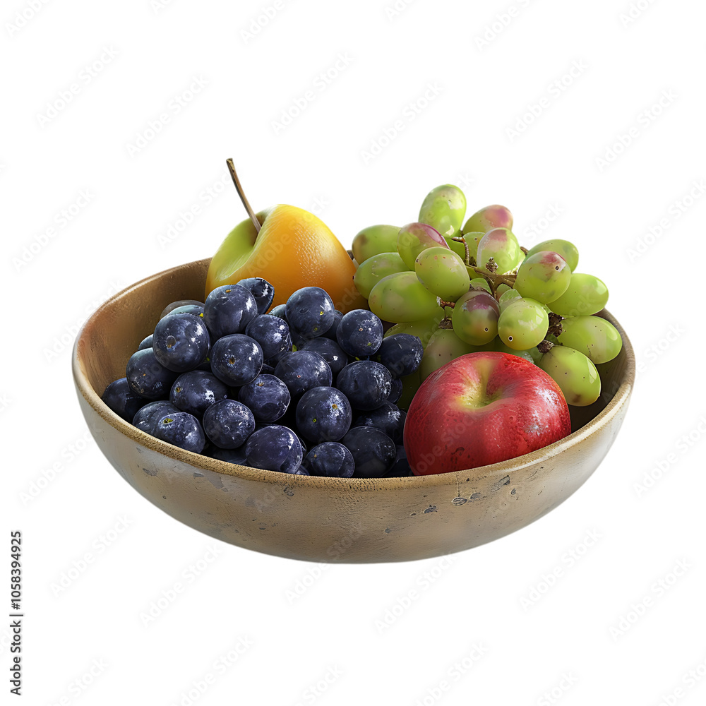 A wooden bowl filled with fresh grapes, blueberries, a yellow and red apple. A wooden bowl filled with fresh grapes, blueberries, a yellow and red apple.