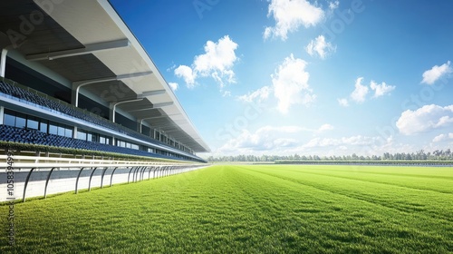 Green Racecourse Under Blue Sky with Modern Grandstand