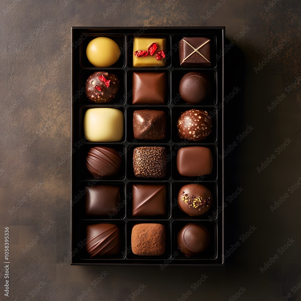 A delightful assortment of gourmet chocolates in a beautifully arranged box, showcasing various sweet treats perfect for gifting on special occasions like Valentine's Day A delightful assortment of gourmet chocolates in a beautifully arranged box, showcasing various sweet treats perfect for gifting on special occasions like Valentine's Day