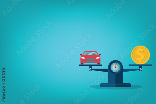 Car and coin on the scale. Vehicle value concept