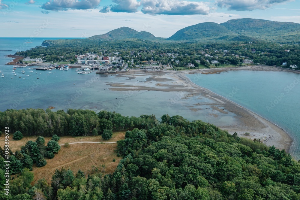 Fototapeta premium Bar Island with a view to the town of Bar Harbor, Maine, United States.