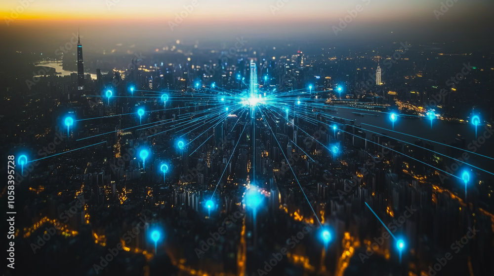 Smart digital Innovation city with connection network reciprocity over the cityscape. of future smart wireless digital city and social media networking systems that connects people with in city	