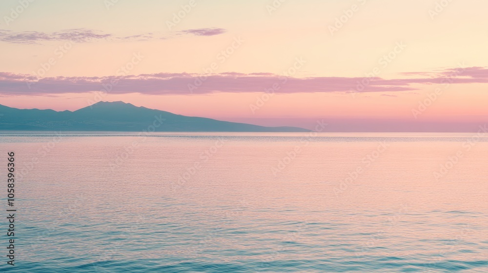 Fototapeta premium Serene Sunset Over Calm Water and Mountain Range