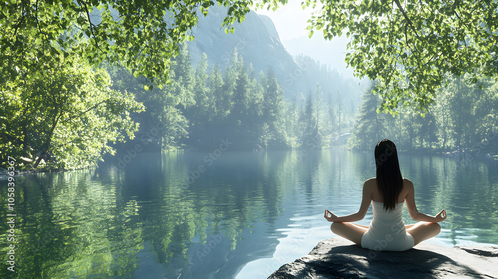 Meditative woman sitting by serene lake surrounded by nature Meditative woman sitting by serene lake surrounded by nature