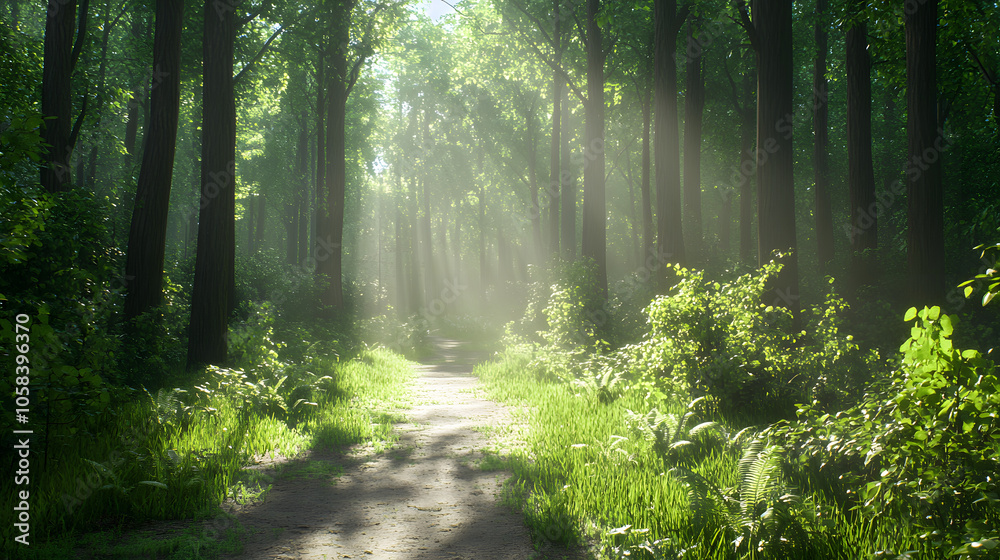 Obraz premium serene forest pathway illuminated by soft morning light, surrounded by lush greenery
