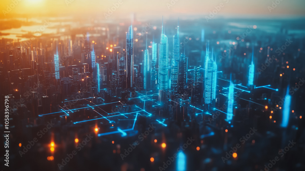 Obraz premium Smart digital Innovation city with connection network reciprocity over the cityscape. of future smart wireless digital city and social media networking systems that connects people with in city 