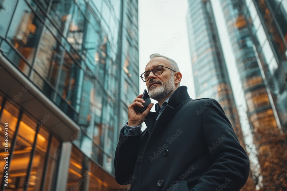 Senior businessman outdoors. Middle-aged businessman talking to the phone walking Senior businessman outdoors. Middle-aged businessman talking to the phone walking