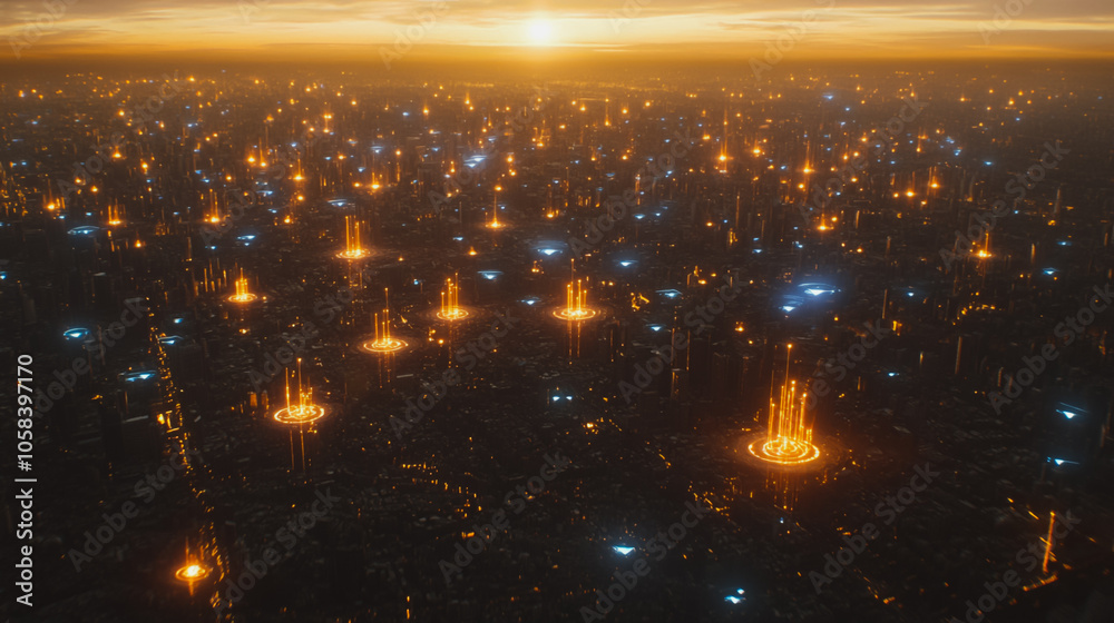 Fototapeta premium Smart digital Innovation city with connection network reciprocity over the cityscape. of future smart wireless digital city and social media networking systems that connects people with in city
