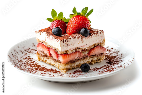 Slice of strawberry tiramisu decorated with fresh strawberries and blueberries, sitting on a white plate sprinkled with cocoa powder