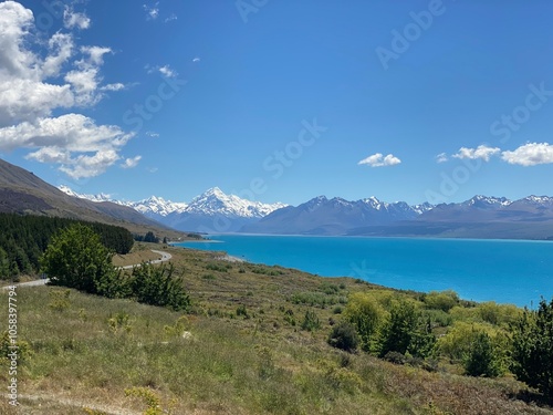 Beautiful panoramic views of lake Pukaki, South Island, New Zealand. Landscape with lake and mountains photo