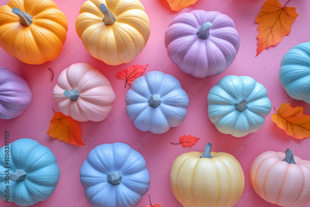 Playful Halloween Arrangement of Colorful Pumpkins, Top-Down View. Playful Halloween Arrangement of Colorful Pumpkins, Top-Down View.