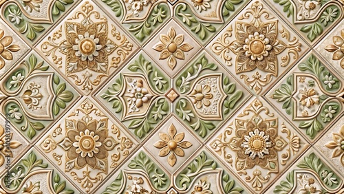 Wallpaper Mural Ornate ceramic tile texture with floral patterns in earthy tones for interior design Torontodigital.ca