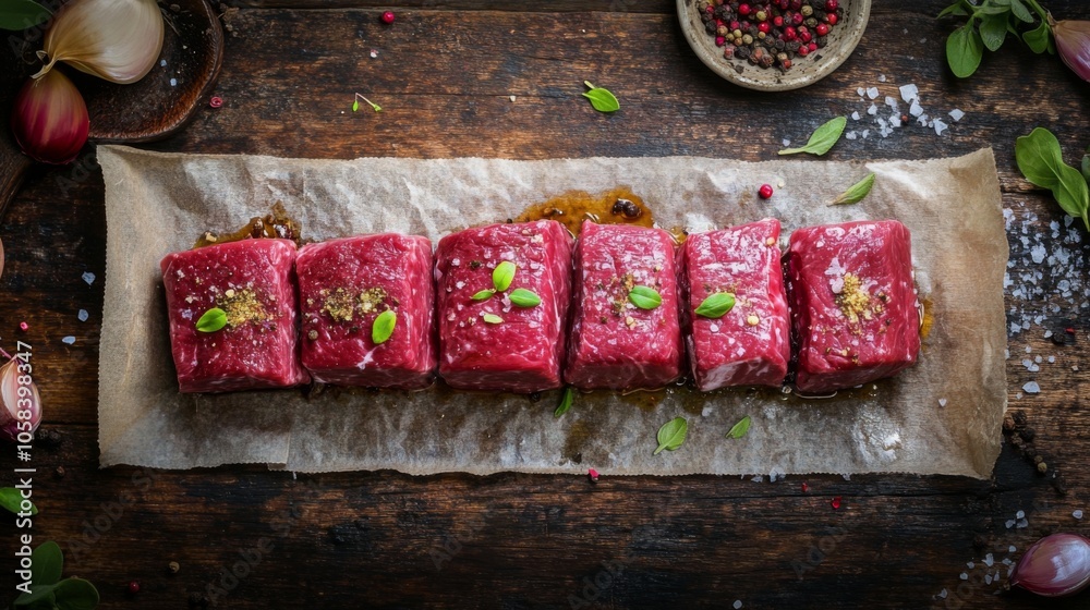 Fresh Red Meat Cuts on Wooden Surface