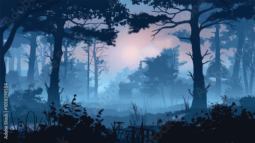 A foggy forest at dawn. silhouette illustration
