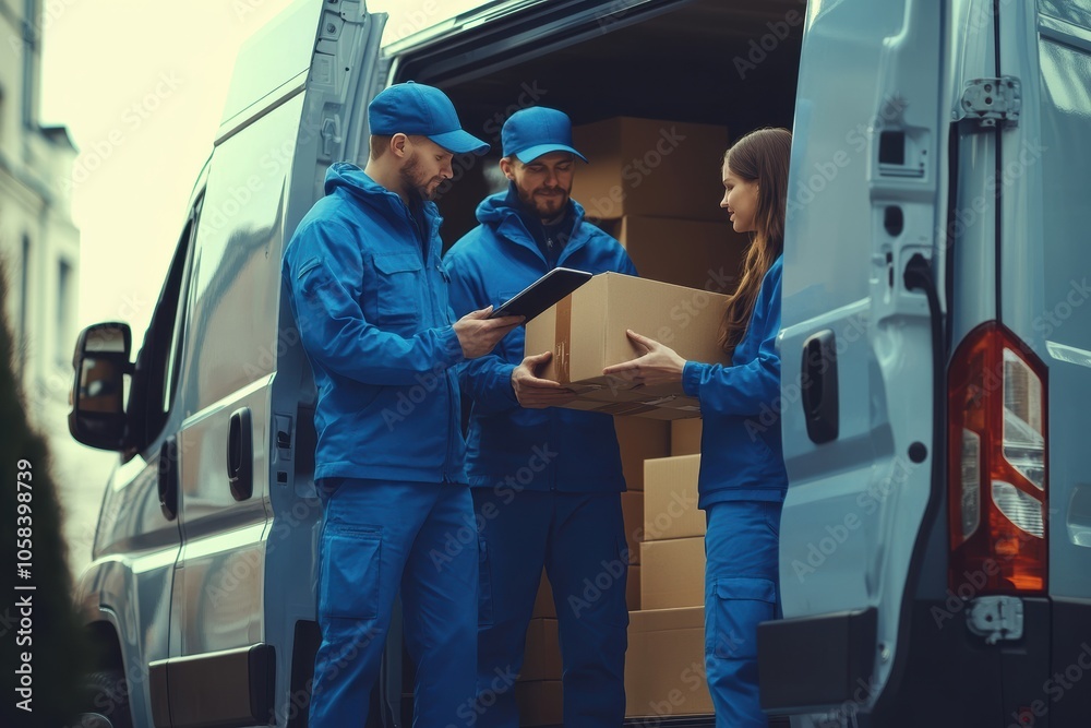 Two delivery workers in matching blue uniforms stand by an open van, holding a package Two delivery workers in matching blue uniforms stand by an open van, holding a package