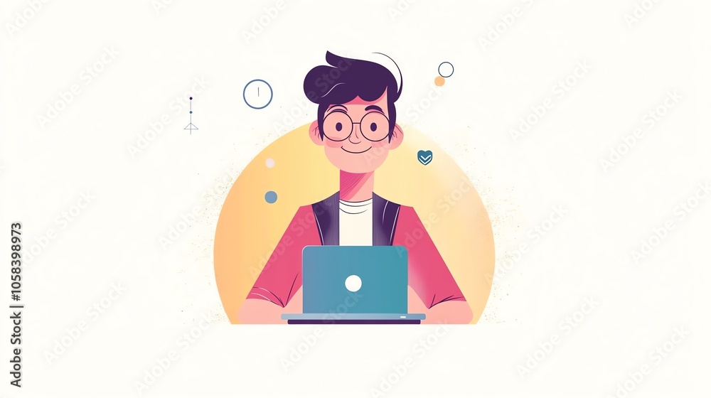 Young man working on a laptop, smiling, in a colorful illustration on a white background. Young man working on a laptop, smiling, in a colorful illustration on a white background.