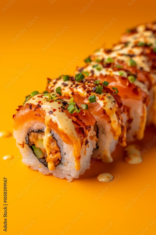 Delicious sushi rolls with fresh ingredients served on a vibrant orange background for a visually appetizing meal Delicious sushi rolls with fresh ingredients served on a vibrant orange background for a visually appetizing meal