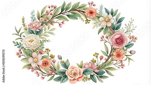 A delicate and intricate floral wreath design with intertwined flowers and leaves, hand-drawn flowers, woven wreath