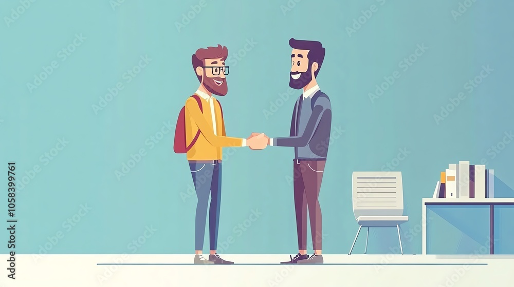 Obraz premium Two men shaking hands in a modern office environment, illustrating partnership and collaboration.