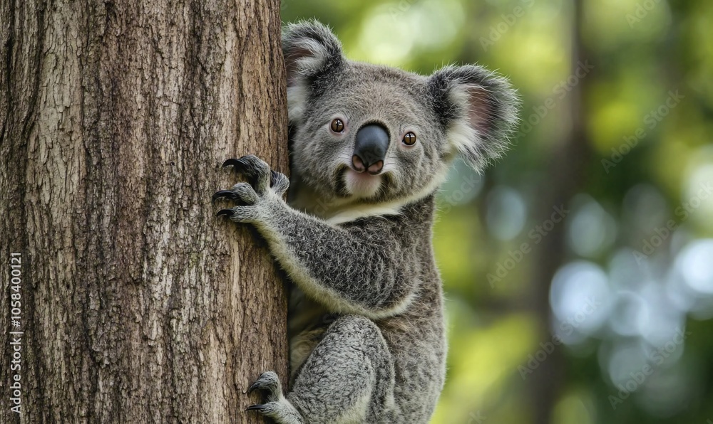 Obraz premium A cute koala bear with big brown eyes climbs a tree trunk against a blurry green background.