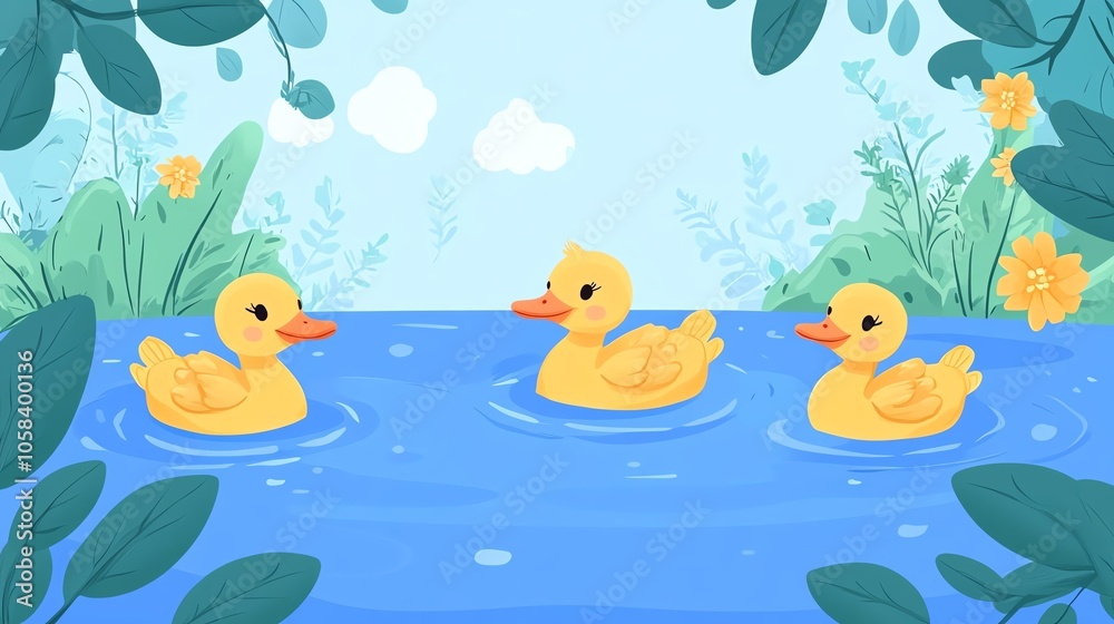Three cute yellow ducklings swimming in a serene blue pond surrounded by greenery. Three cute yellow ducklings swimming in a serene blue pond surrounded by greenery.