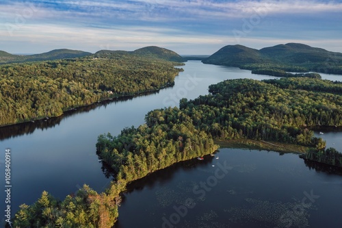 Forest, hills and Long Pond lake  in Mount Desert, that borders on Acadia National Park. Maine, United States. photo