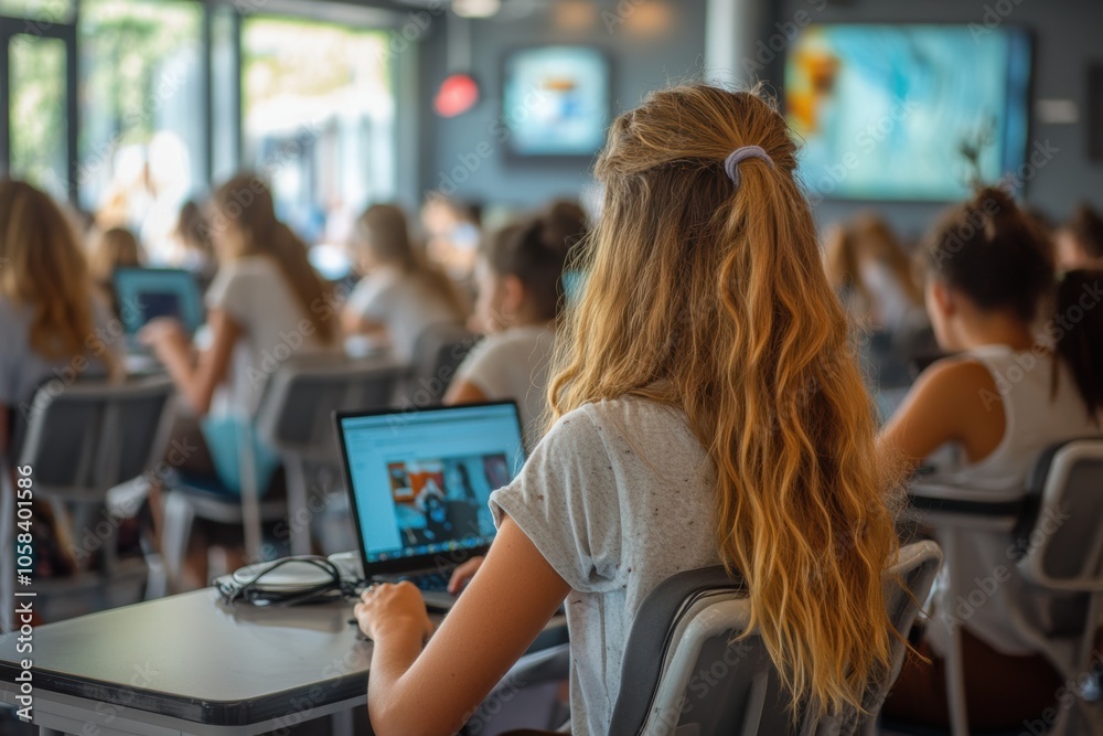 A classroom full of students seated at desks, each working on a laptop. The scene is viewed from A classroom full of students seated at desks, each working on a laptop. The scene is viewed from
