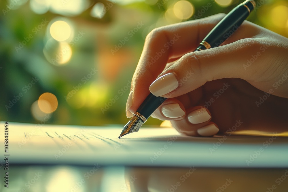 A close-up of a hand holding a pen, signing an official document on a table. The nails are clean A close-up of a hand holding a pen, signing an official document on a table. The nails are clean