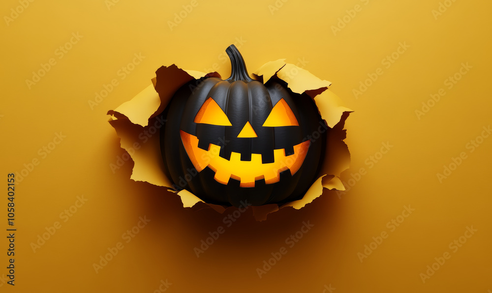 Fototapeta premium Glowing Jack-O'-Lantern Through Ripped yellow Paper Background.