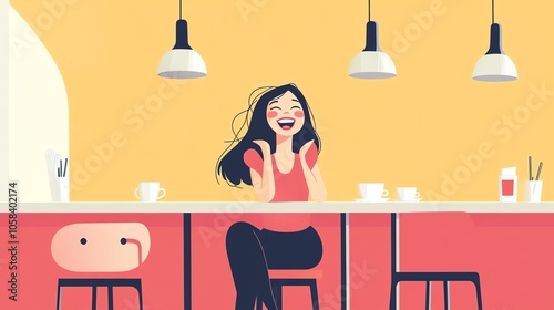 Happy woman enjoying coffee in a cozy cafe with bright colors, warm atmosphere. photo